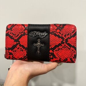 Ed Hardy Red & Black Snake-Print Zip Wallet with Cross Emblem